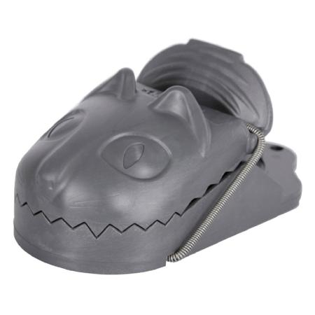 Rattenfalle mit einem Katzengesicht auf grauer Plastik.
