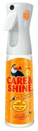 weiße Flasche mit orangener Shrift Care and shine mit Logo Vogel Tukan